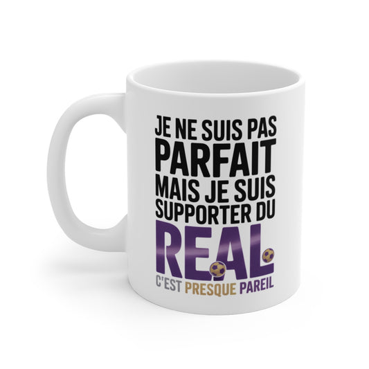 Tasse Real Madrid Pas Parfait Mais Supporter du Real  Mug Humour Football Blanc Violet