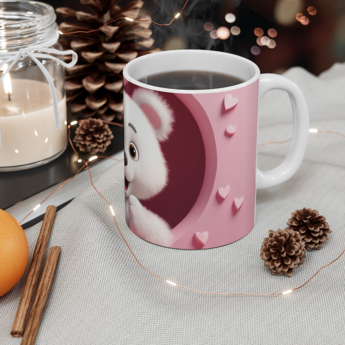 Tasse Ours Blanc Mignon – Mug Kawaii Amour et Cœurs – Cadeau Romantique et Doux