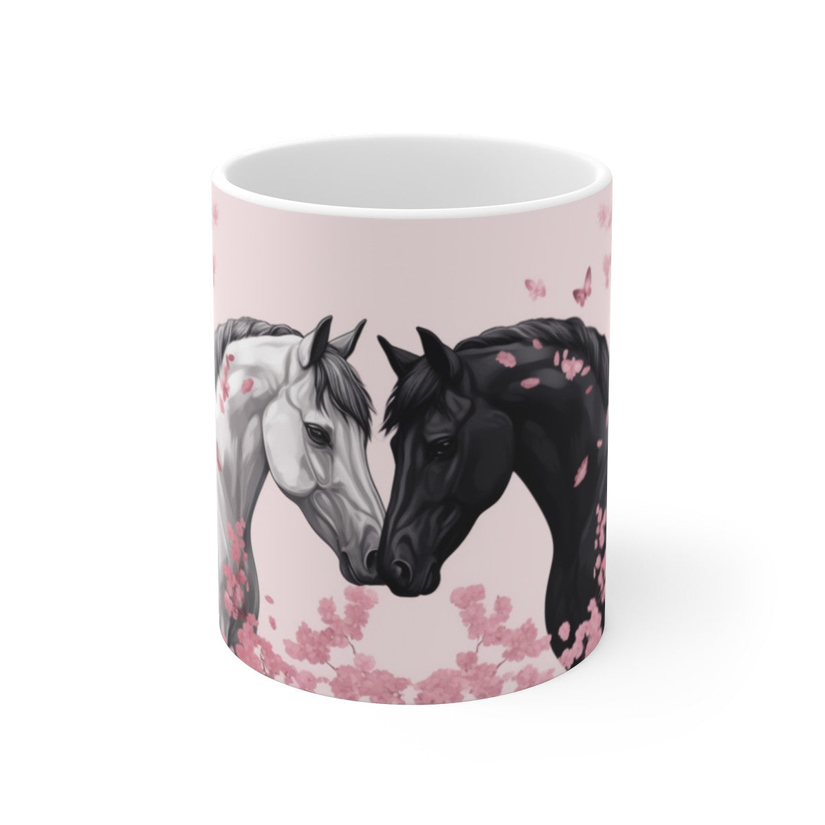 Tasse Chevaux Amoureux Mug Cheval Noir et Blanc sous Fleurs Roses Cadeau Fan Équitation, Nature et Romance