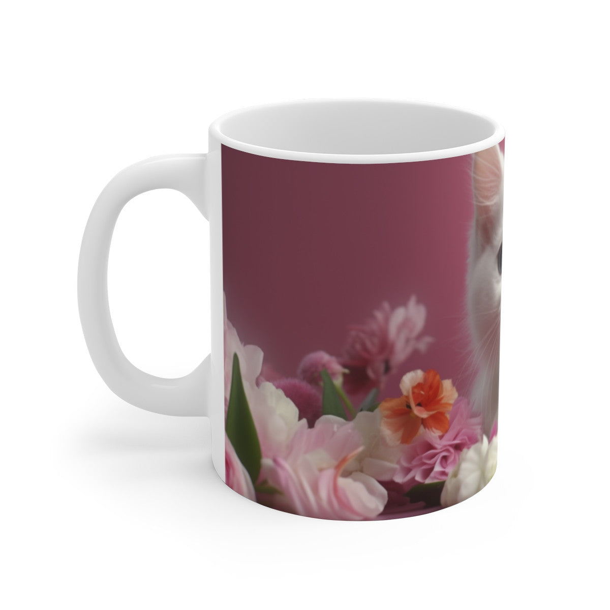 Tasse Chaton Blanc Mug Chat Mignon Fleurs Roses Idée Cadeau Femme Aime les Chats