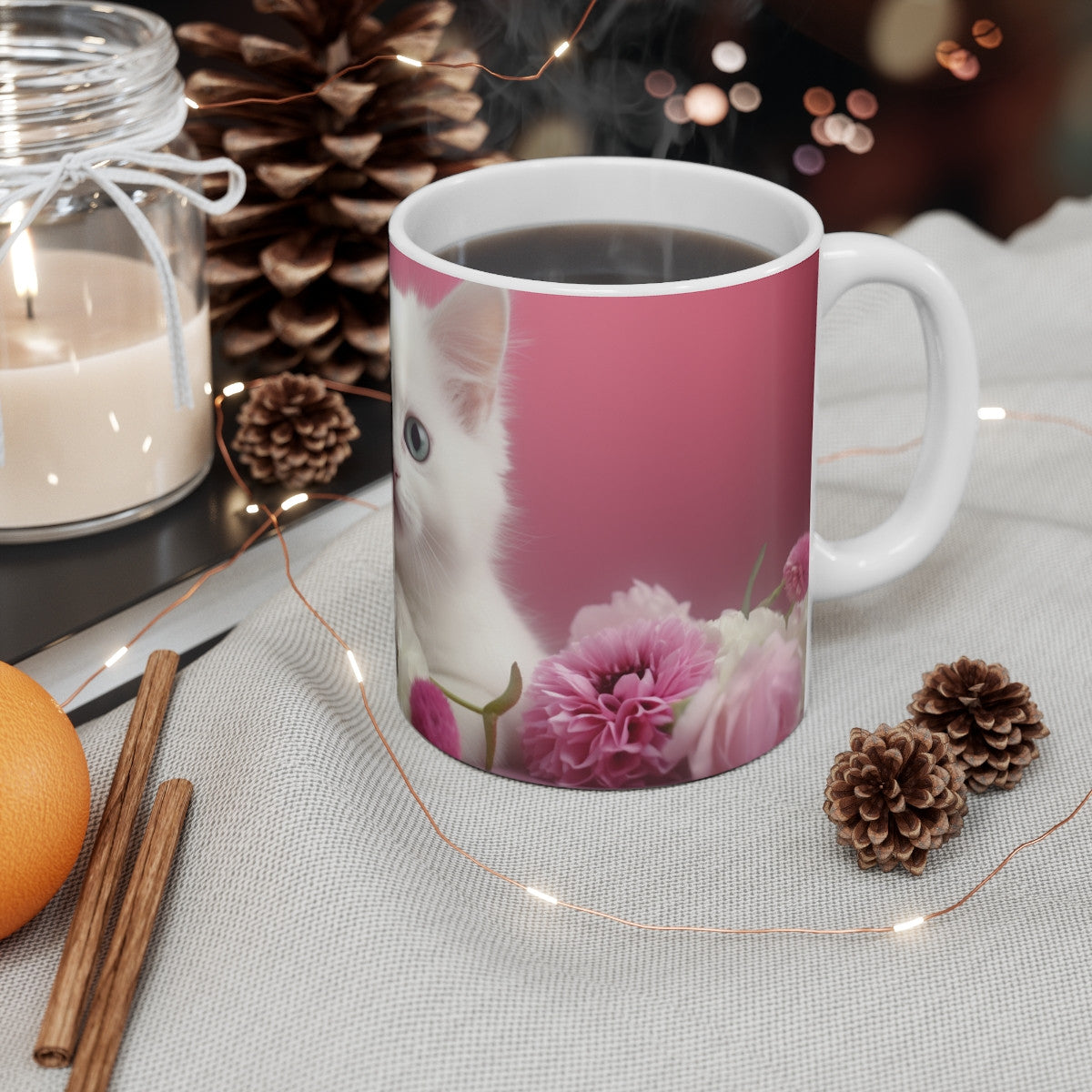 Tasse Chaton Blanc Mug Chat Mignon Fleurs Roses Idée Cadeau Femme Aime les Chats