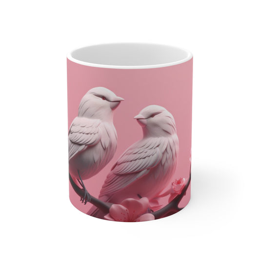 Tasse Oiseaux Amoureux Mug Couple Romantique Branche Fleurie Idée Cadeau Poétique et Élégant