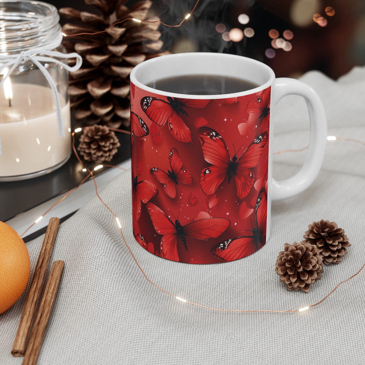 Tasse Papillons Rouges  Mug Élégant Beauté Passion Cadeau Femme Amour Nature Design Rouge Intense