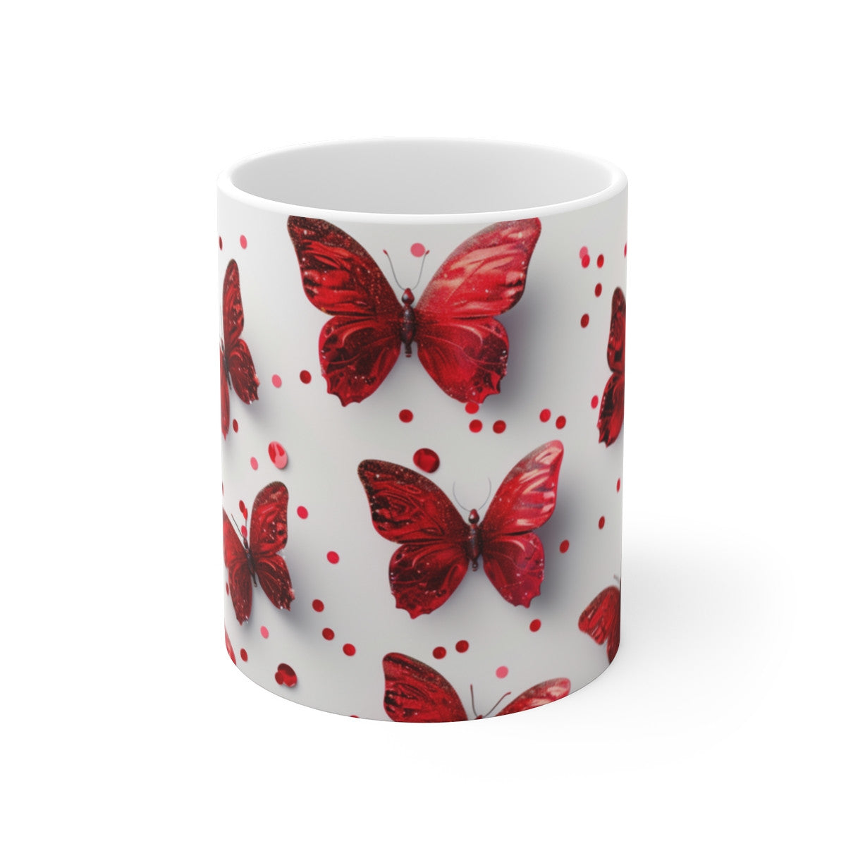 Tasse Papillons Rouges Pailletés Mug Élégant Fond Blanc Cadeau Femme Brillant Glamour Anniversaire Amour