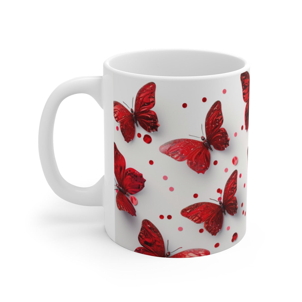 Tasse Papillons Rouges Pailletés Mug Élégant Fond Blanc Cadeau Femme Brillant Glamour Anniversaire Amour