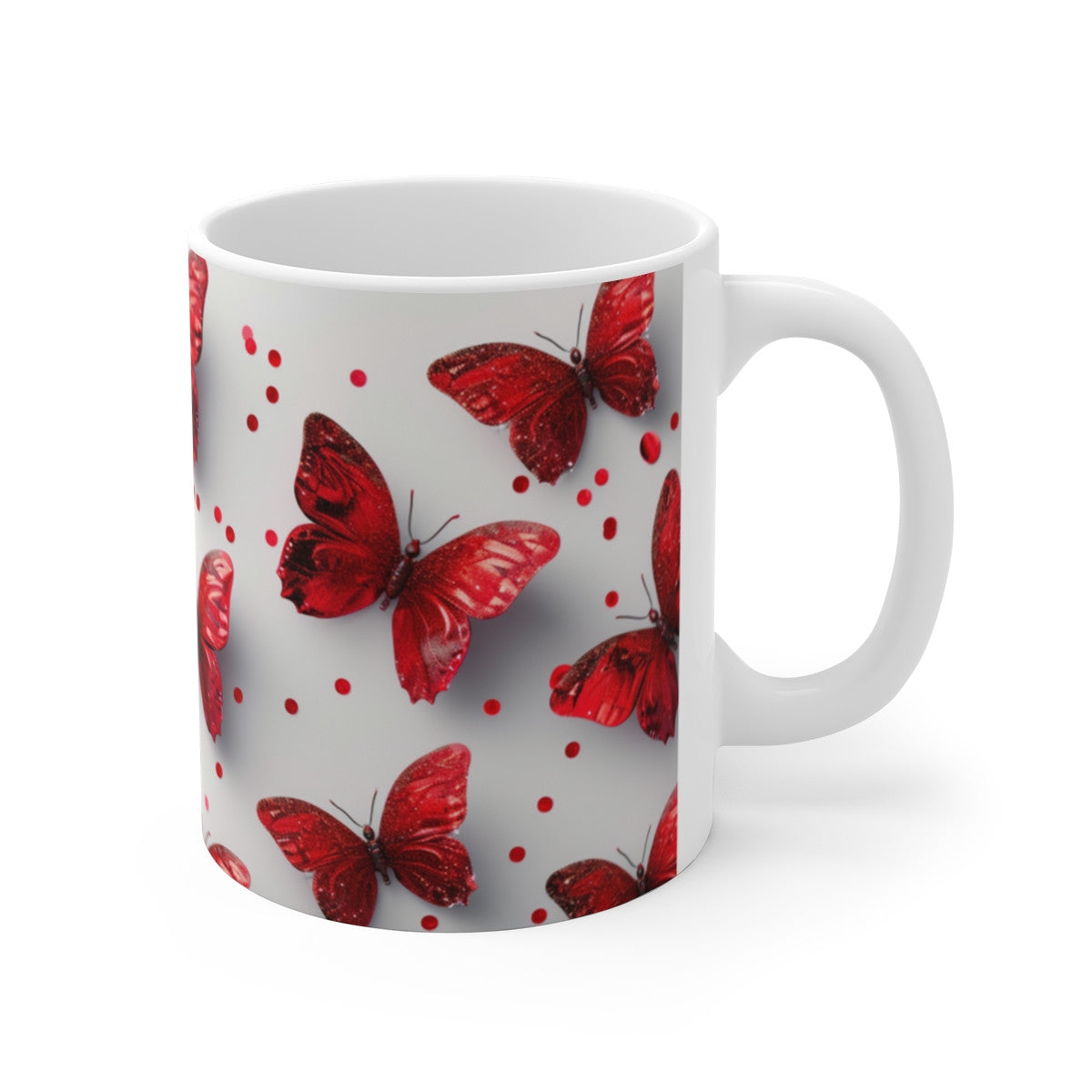 Tasse Papillons Rouges Pailletés Mug Élégant Fond Blanc Cadeau Femme Brillant Glamour Anniversaire Amour