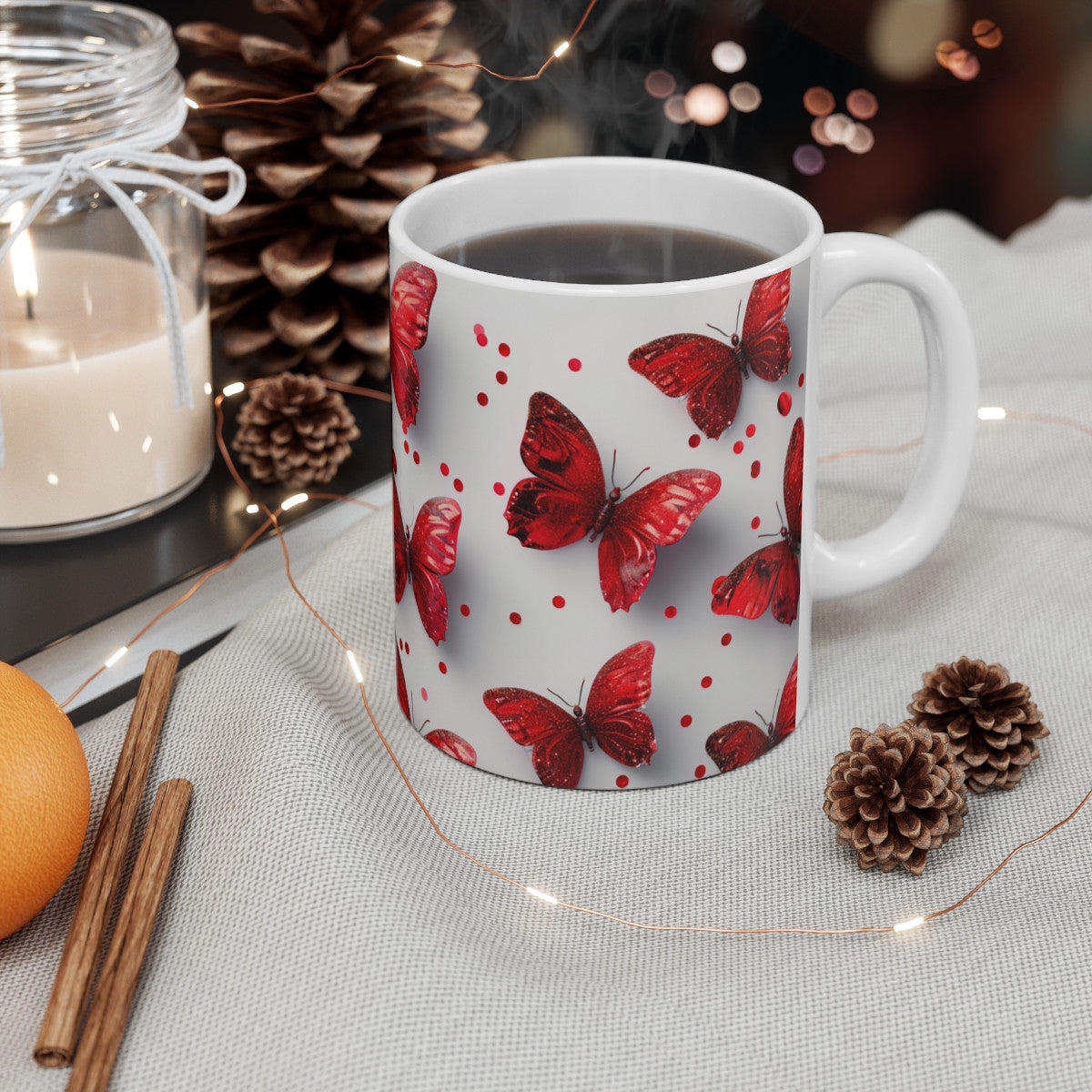Tasse Papillons Rouges Pailletés Mug Élégant Fond Blanc Cadeau Femme Brillant Glamour Anniversaire Amour