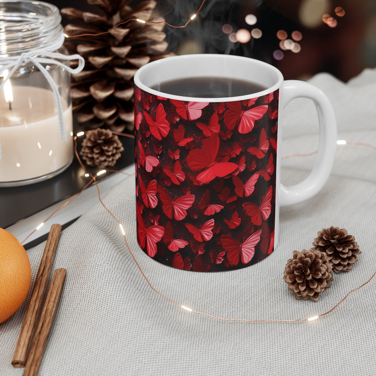 Tasse Papillons Rouges sur Fond Noir Mug Brillant et Chic Cadeau Femme Élégante Original Glamour