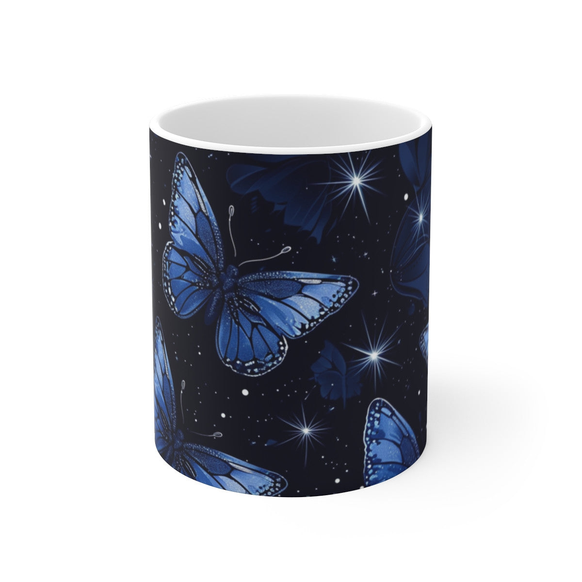 Tasse Papillons Bleus sur Fond Nuit Étoilée Mug Magique et Féérique Cadeau Original Femme Nature Poétique