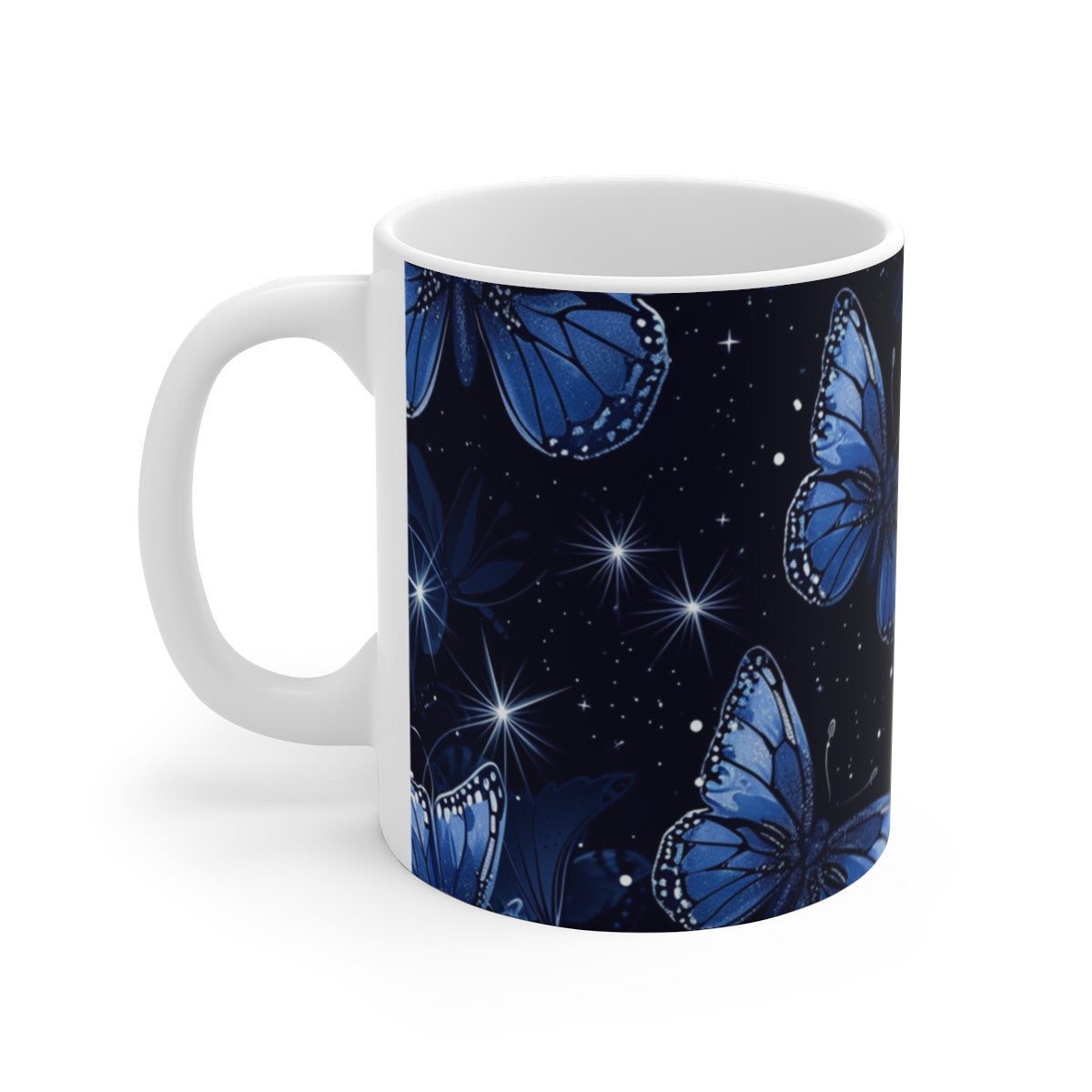 Tasse Papillons Bleus sur Fond Nuit Étoilée Mug Magique et Féérique Cadeau Original Femme Nature Poétique