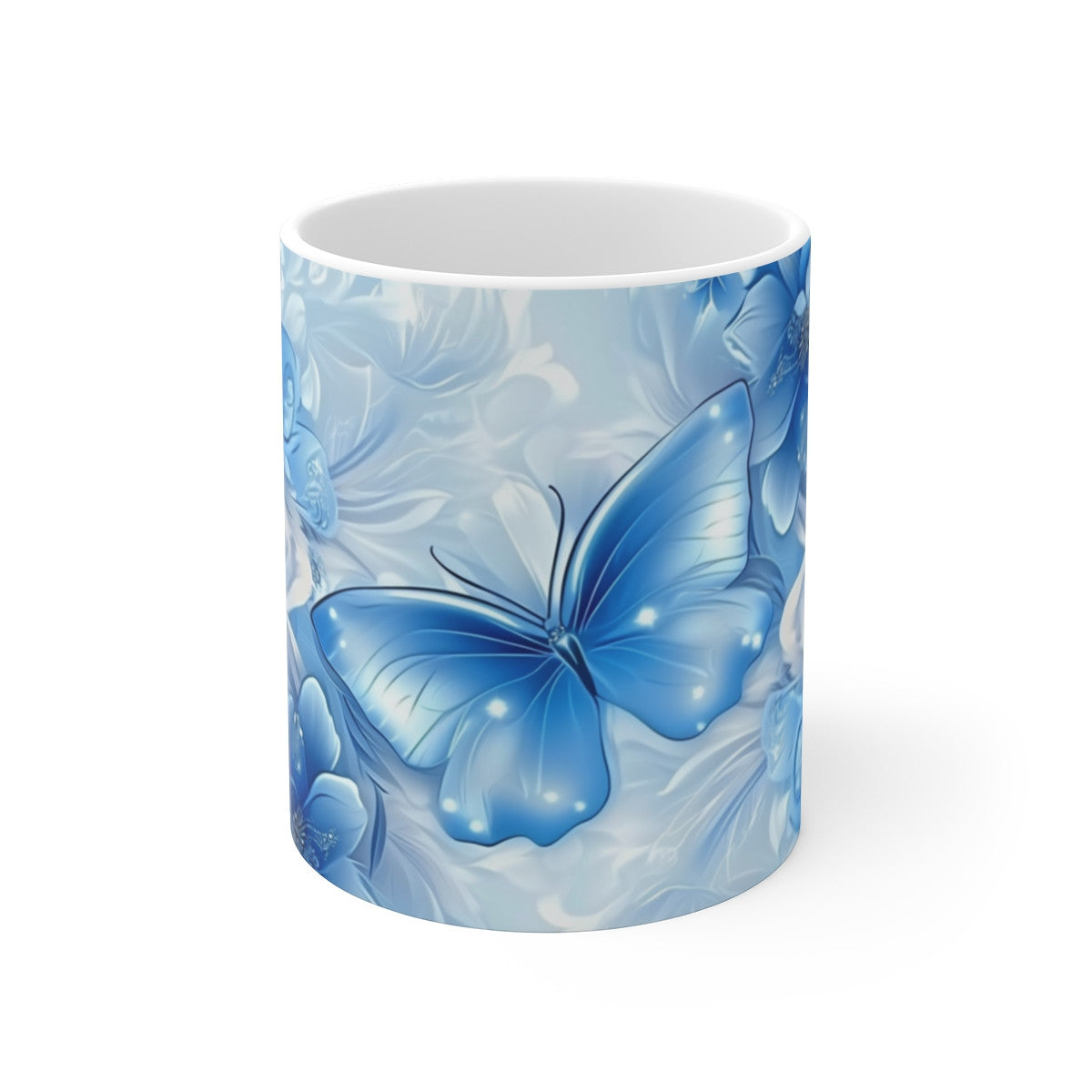 Tasse Papillons Bleus et Fleurs Mug Hivernal Élégant Design Floral Cadeau Chic Femme Nature Douceur Glacée
