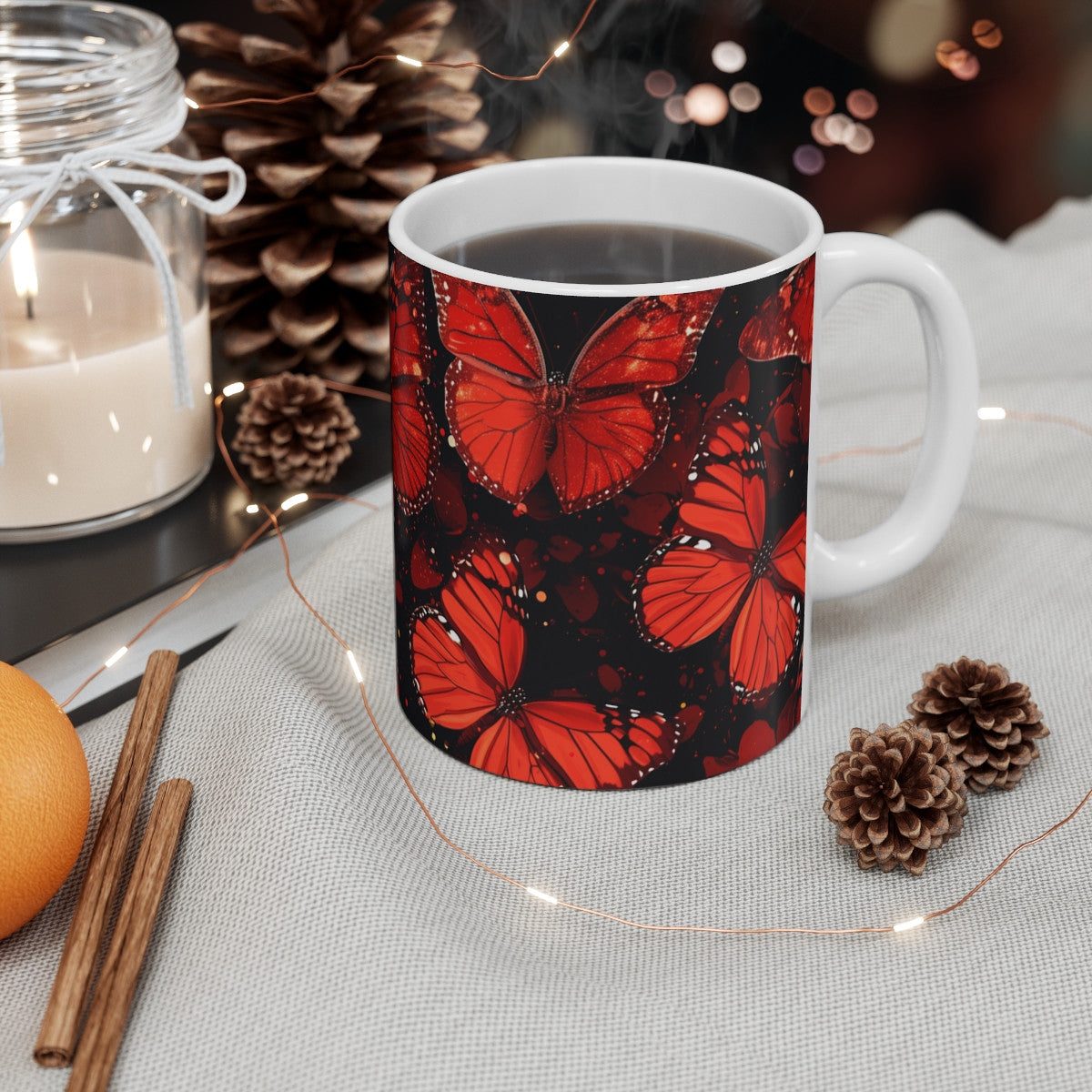 Tasse Papillons Rouges Mug Élégant Fond Noir Idée Cadeau Original Passion Rouge Nature Insecte Chic