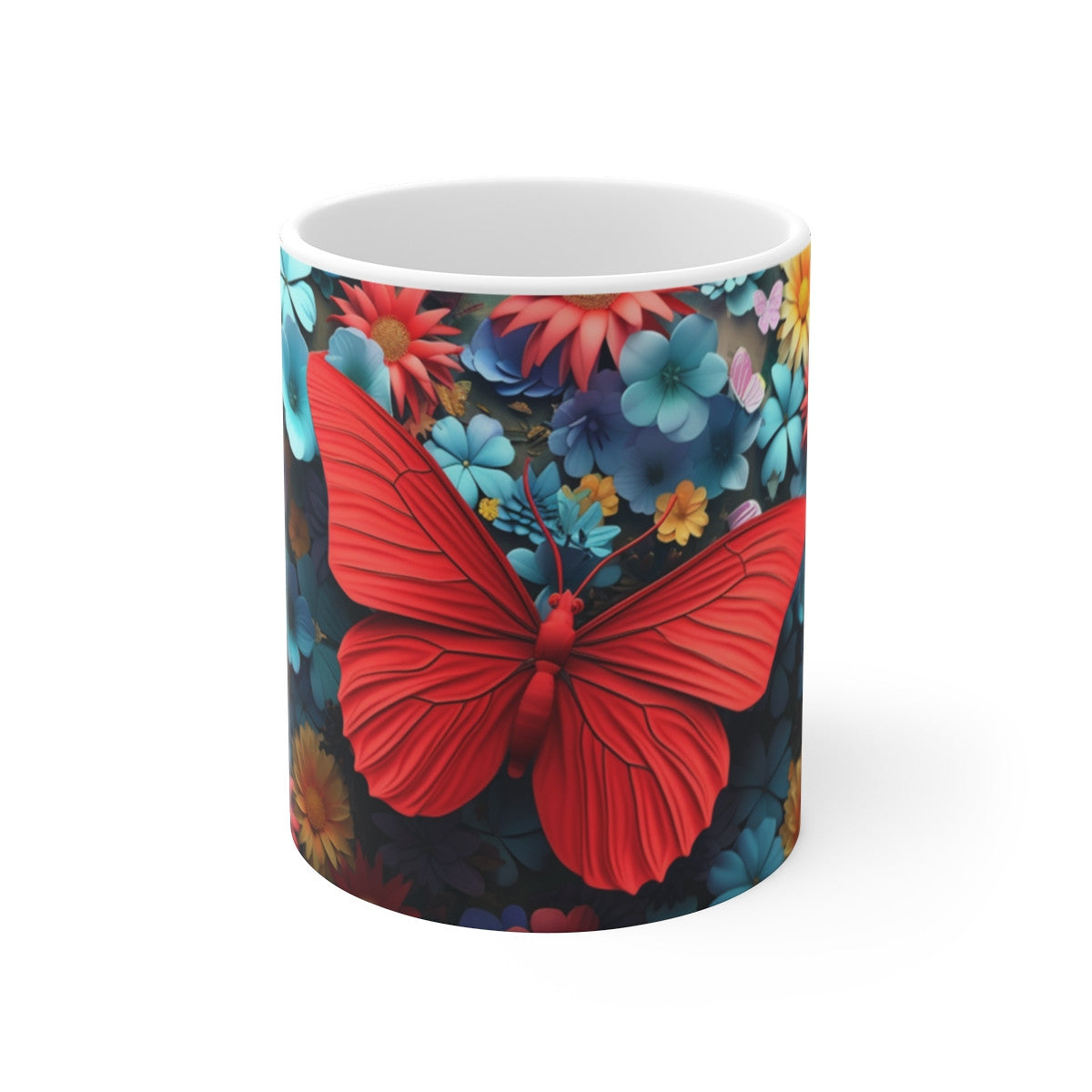 Tasse Papillon Rouge sur Fleurs Colorées Mug Printanier Multicolore Idée Cadeau Nature et Couleurs