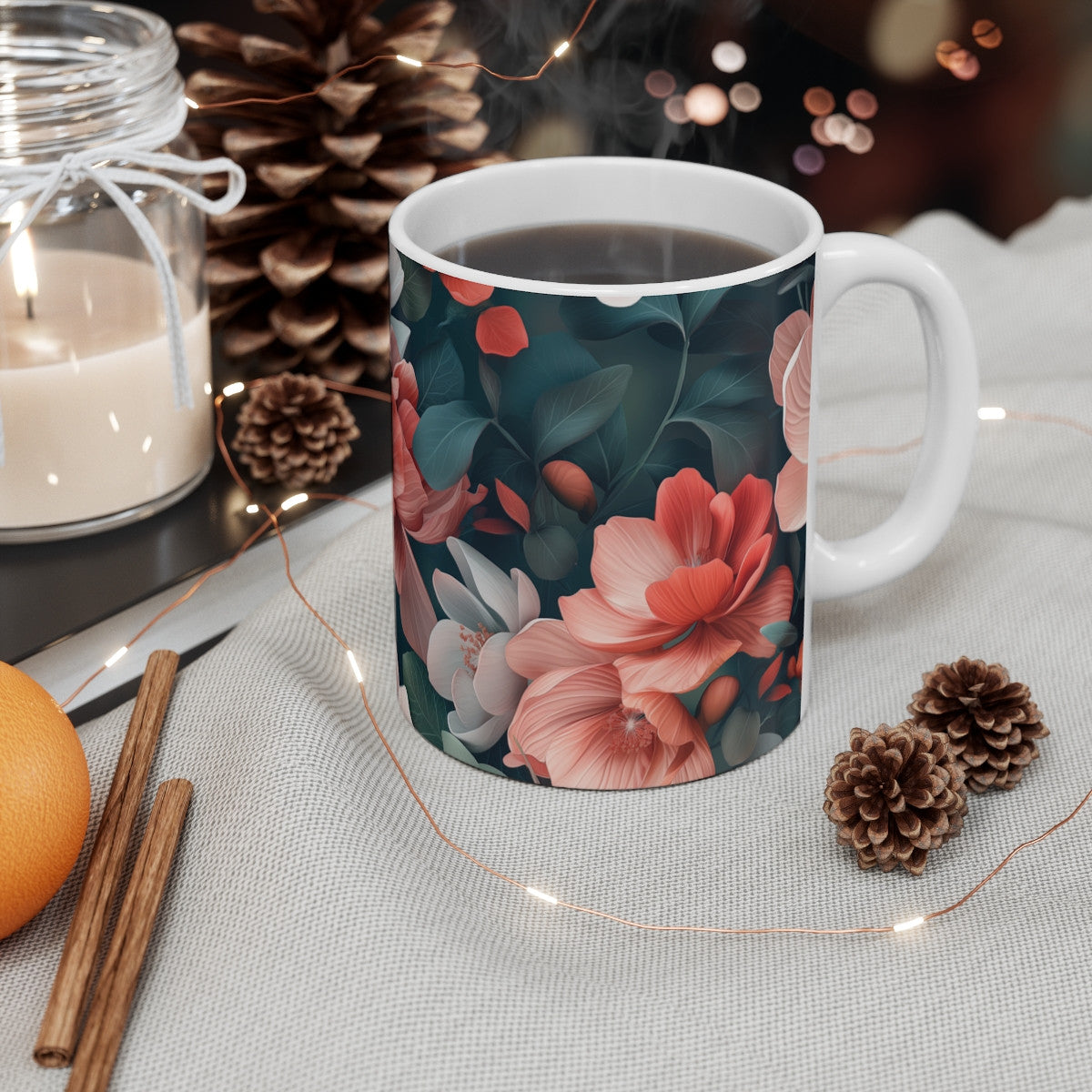 Tasse Fleurs Abstraites Roses et Blanches Design Élégant sur Fond Foncé Mug Chic & Nature Artistique