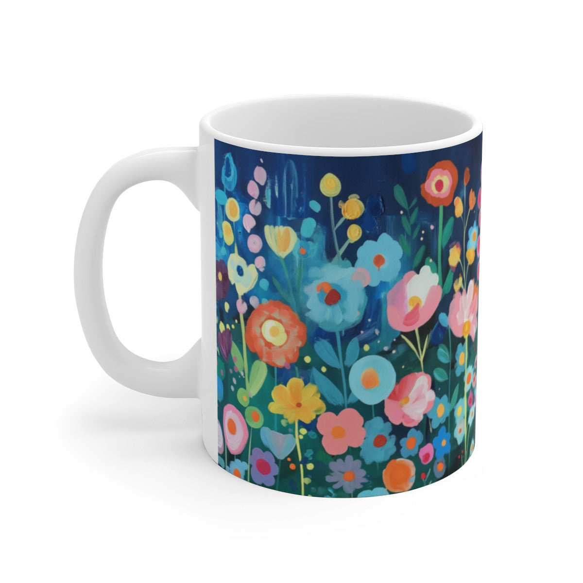 Tasse Art Fleurs Peintes Motif Gouache Coloré sur Fond Bleu Nuit Mug Design Floral Artistique Multicolore