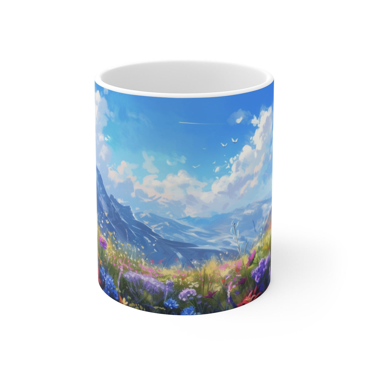 Tasse Paysage Montagne Fleurie Mug Nature Peinte avec Fleurs Sauvages Ciel Bleu et Sommets Alpins Cadeau Zen et Artistique