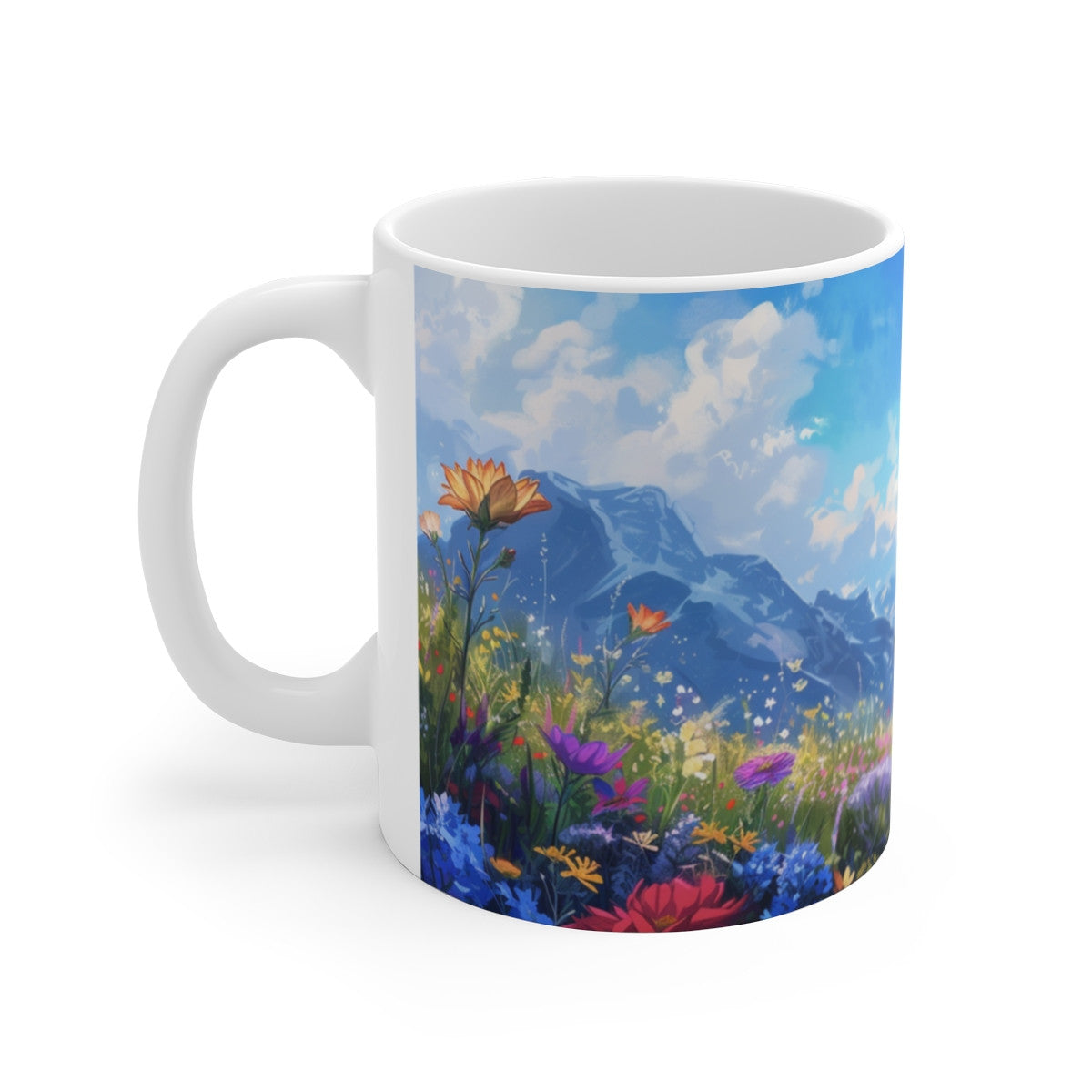 Tasse Paysage Montagne Fleurie Mug Nature Peinte avec Fleurs Sauvages Ciel Bleu et Sommets Alpins Cadeau Zen et Artistique