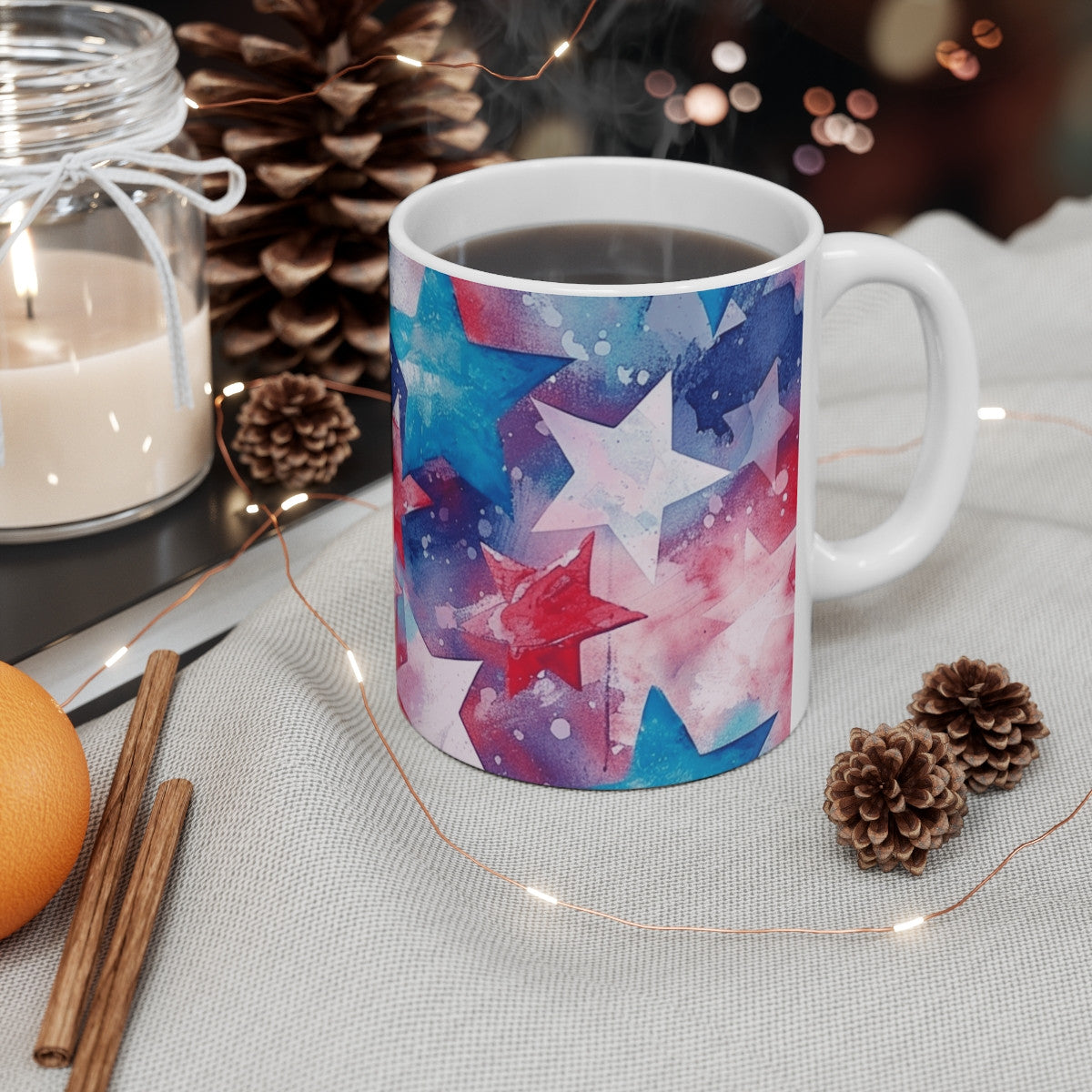 Tasse Étoiles USA Mug Céramique 325ml –Rouge Bleu Blanc Motif Aquarelle Micro-ondes et Lave-vaisselle