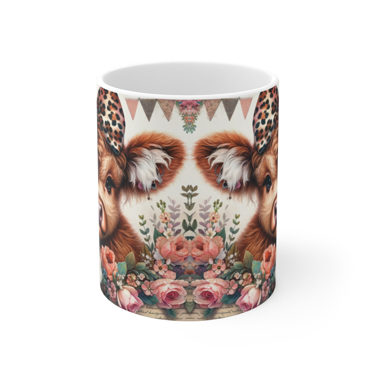 Tasse Vache Mignonne  Mug Highland Céramique 325ml  Fleurs Bohèmes  Cadeau Campagne Chic