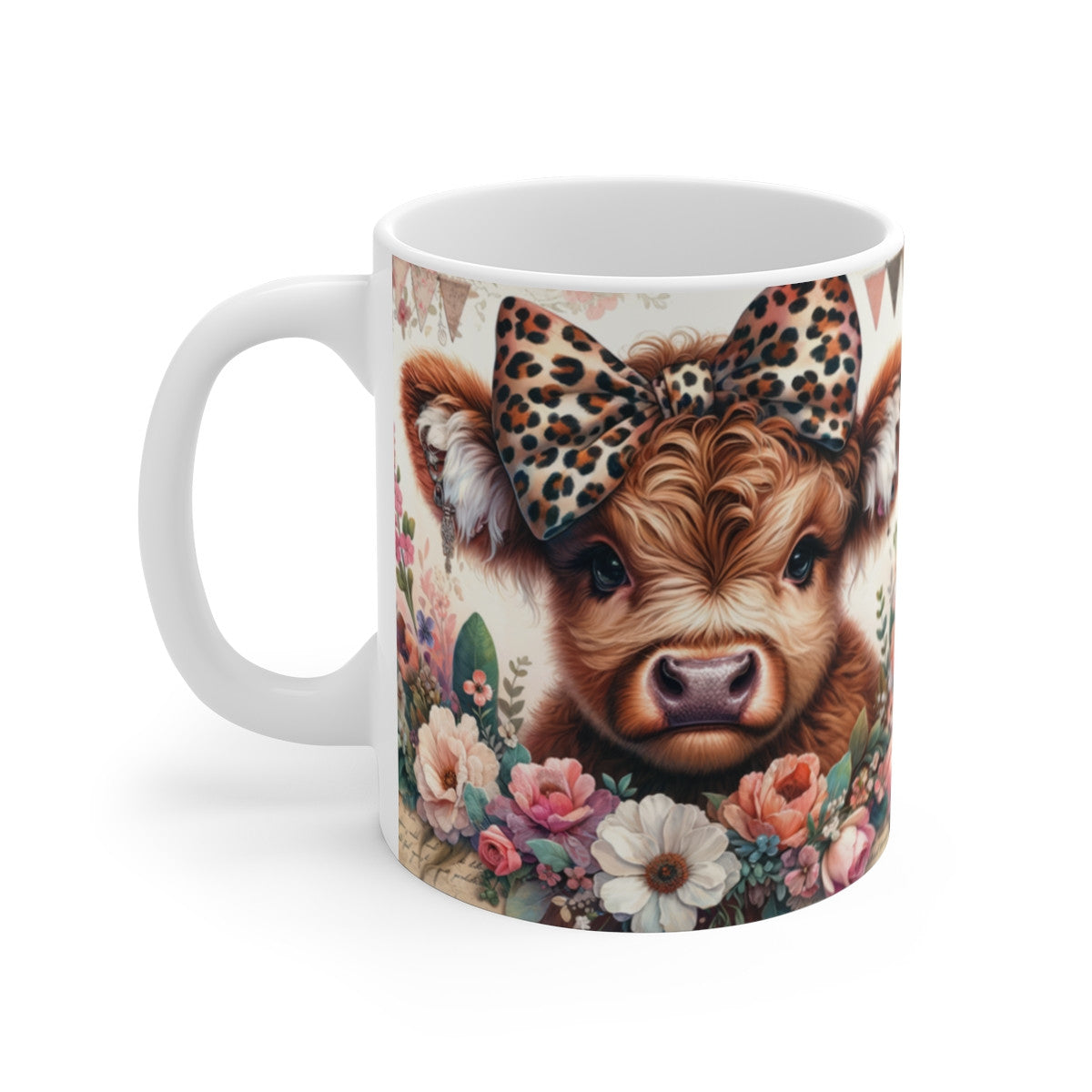 Tasse Vache Mignonne  Mug Highland Céramique 325ml  Fleurs Bohèmes  Cadeau Campagne Chic