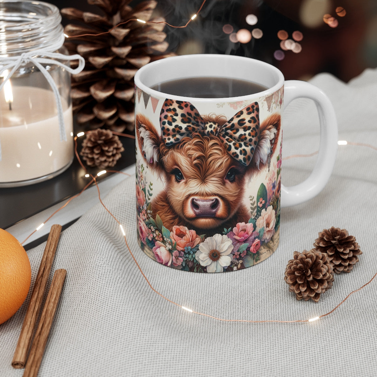 Tasse Vache Mignonne  Mug Highland Céramique 325ml  Fleurs Bohèmes  Cadeau Campagne Chic