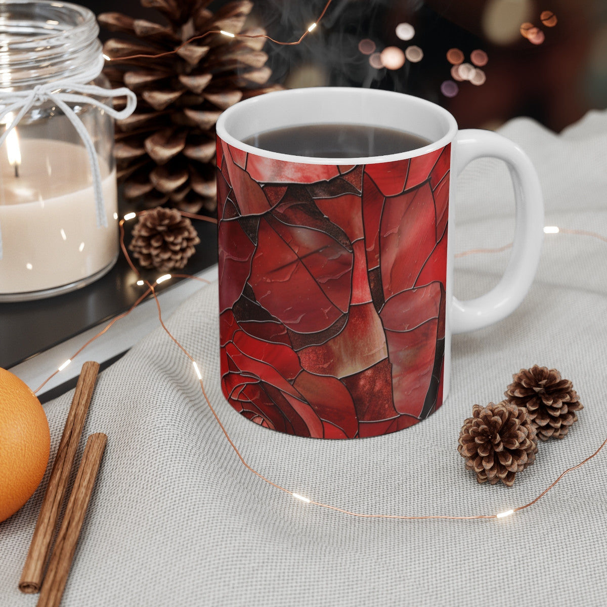 Tasse Roses Vitrail  Mug Céramique 325ml  Design Fleur Rouge Romantique Cadeau Amour, Art & Élégance