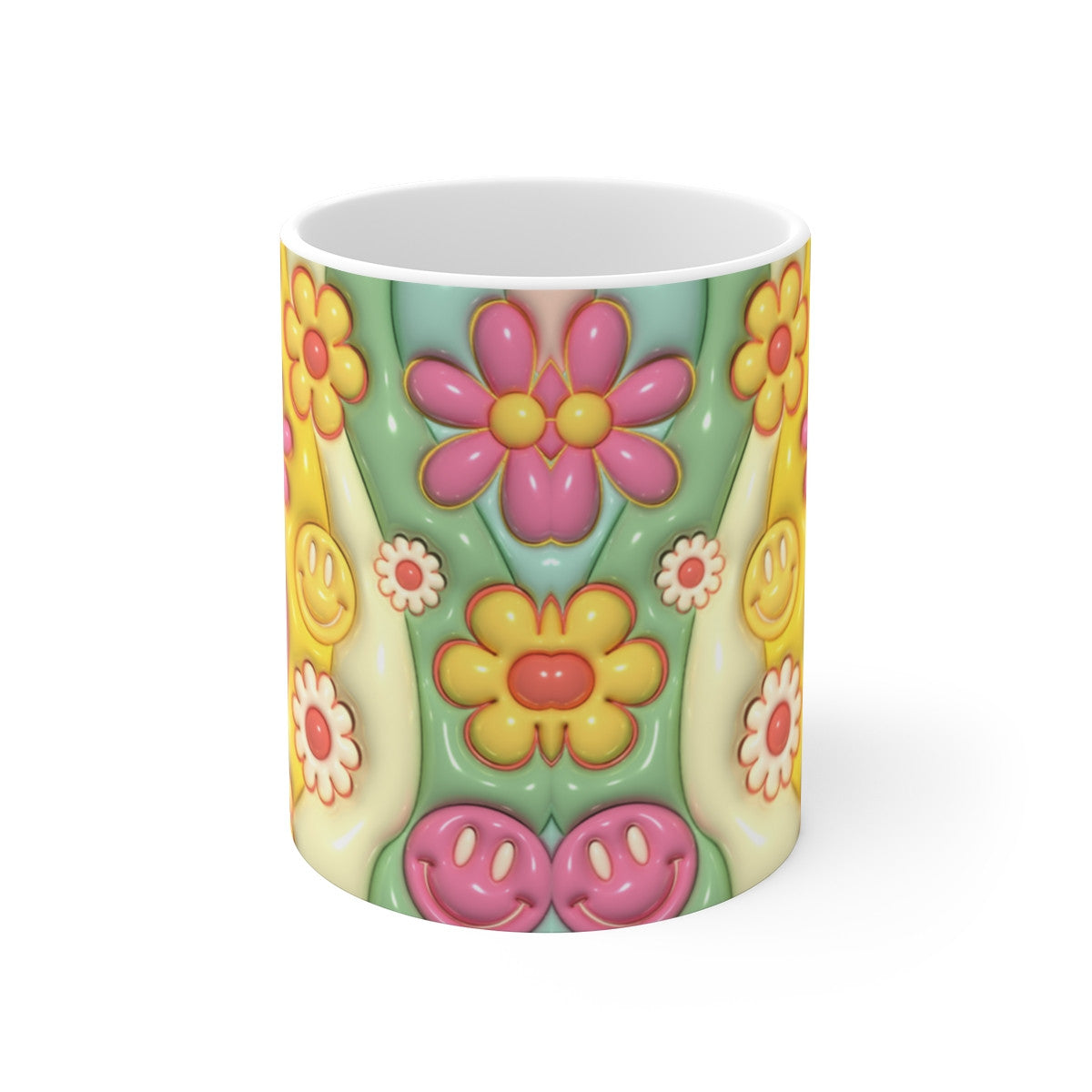 Tasse Smiley Fleurs Rétro – Mug Céramique 325ml Design Coloré Années 70 – Ambiance Positive, Cadeau Joyeux