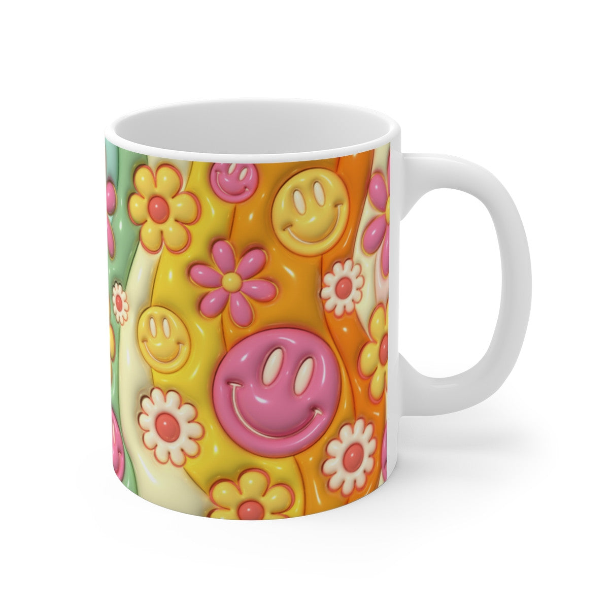 Tasse Smiley Fleurs Rétro – Mug Céramique 325ml Design Coloré Années 70 – Ambiance Positive, Cadeau Joyeux