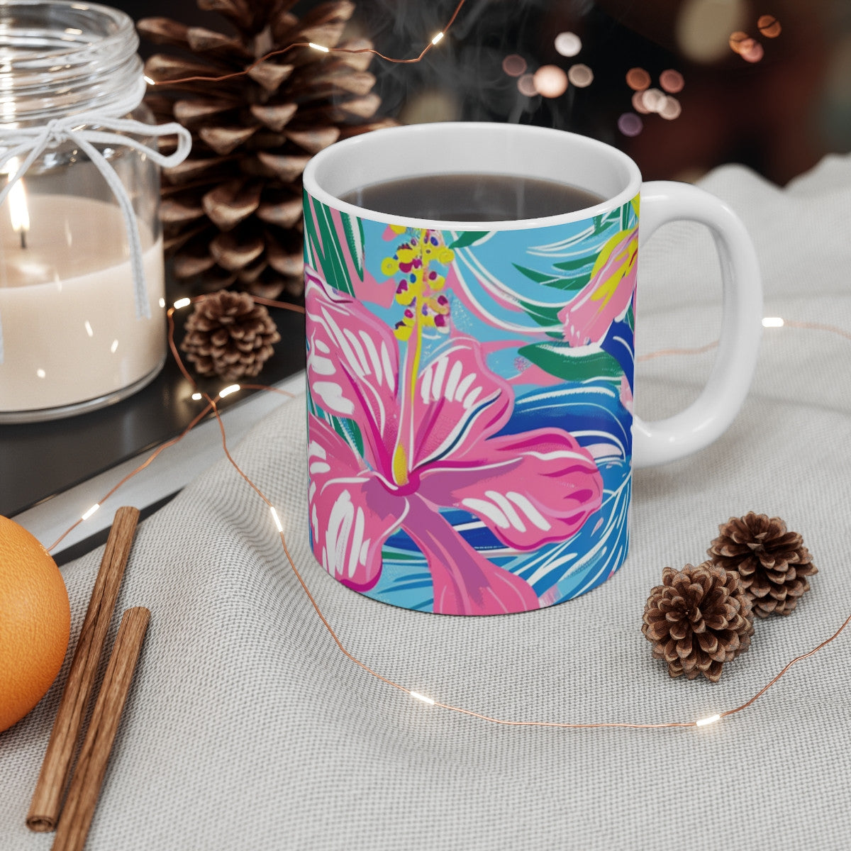 Tasse Fleurs Tropicales Mug Céramique 325ml  Design Exotique Hibiscus Rose  Ambiance Été, Vacances & Plage