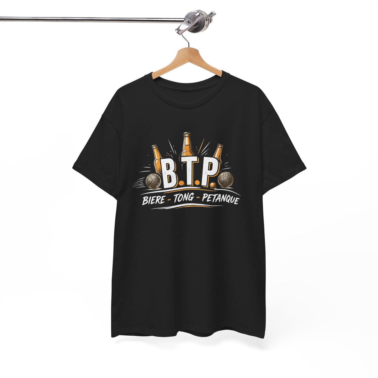 T-Shirt BTP Bière Tong Pétanque Homme Femme – Tee Shirt Humour Apéro Pétanque – Cadeau Été Vacances Noir Blanc Gris