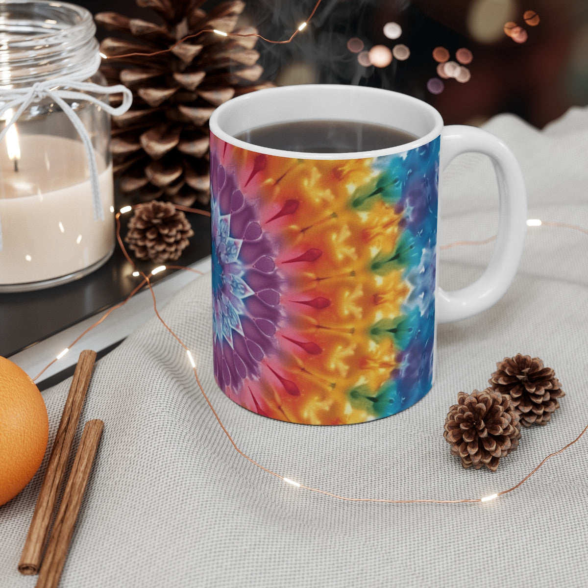 Tasse Mandala Tie-Dye  Mug Céramique 325ml Design Énergétique Psychédélique Arc-en-Ciel, Chakra, Hippie & Méditation