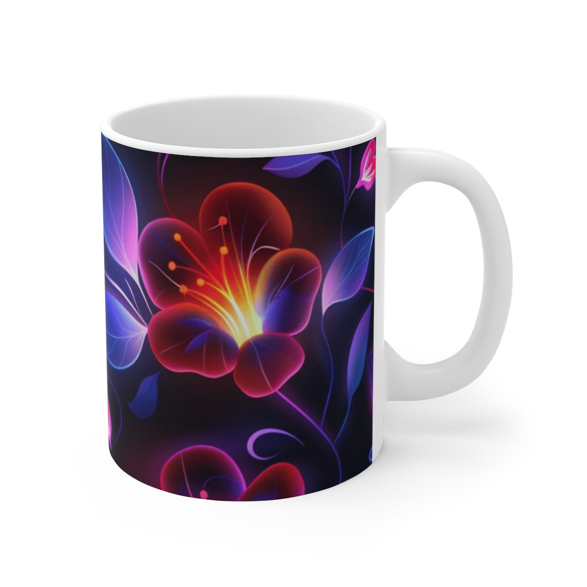 Tasse Fleur Néon Brillante Mug Céramique 325ml  Design Floral Électrique, Fleurs Futuristes Cadeau Élégant & Moderne