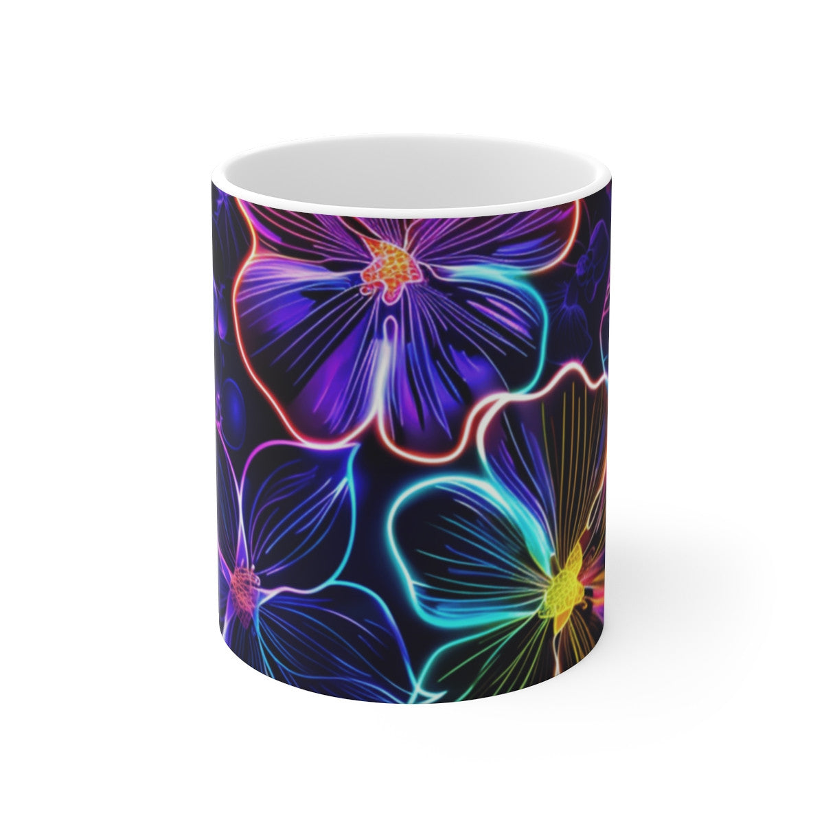 Tasse Design Fleurs Néon Motif Floral Élégant sur Fond Noir Cadeau Femme Original et Tendance