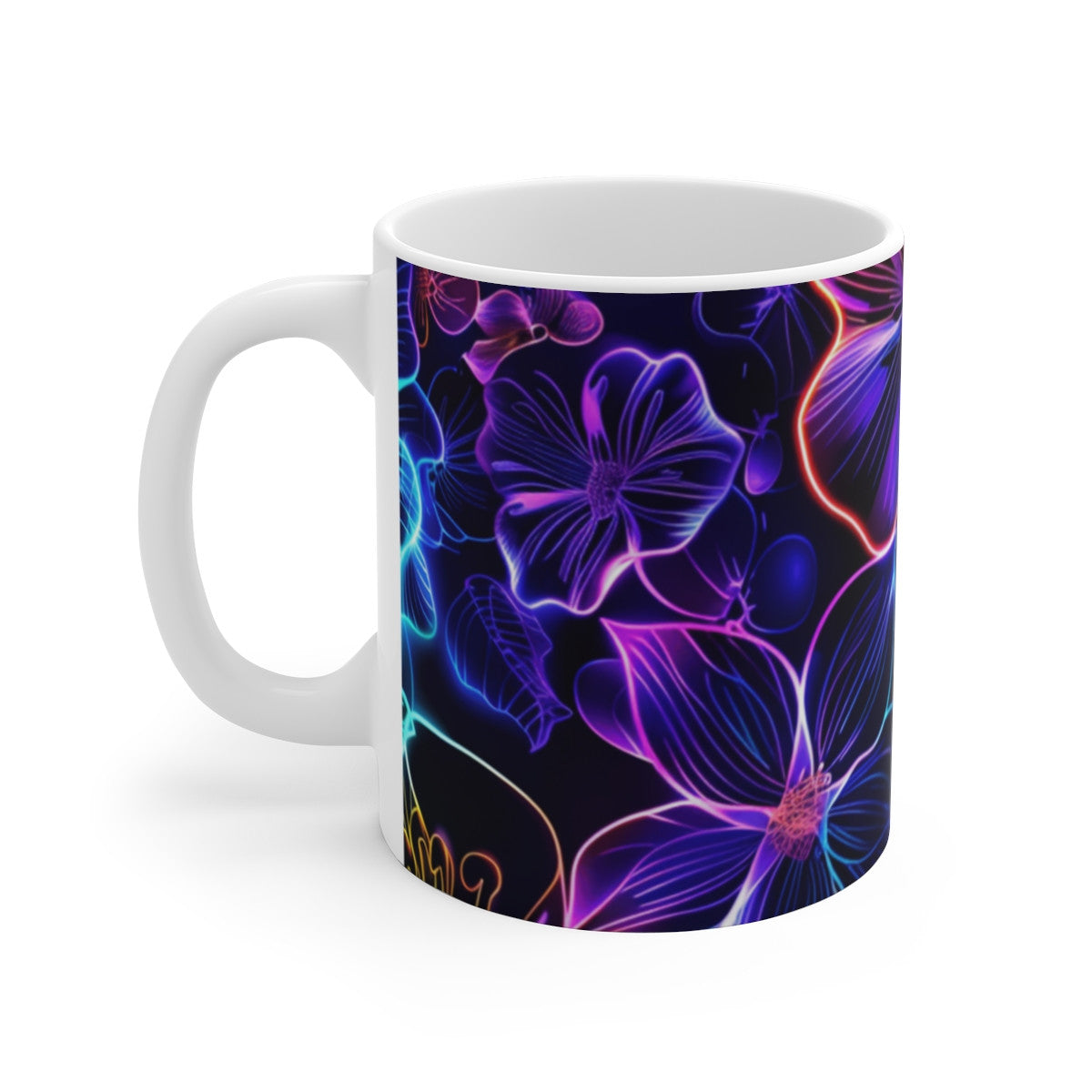 Tasse Design Fleurs Néon Motif Floral Élégant sur Fond Noir Cadeau Femme Original et Tendance