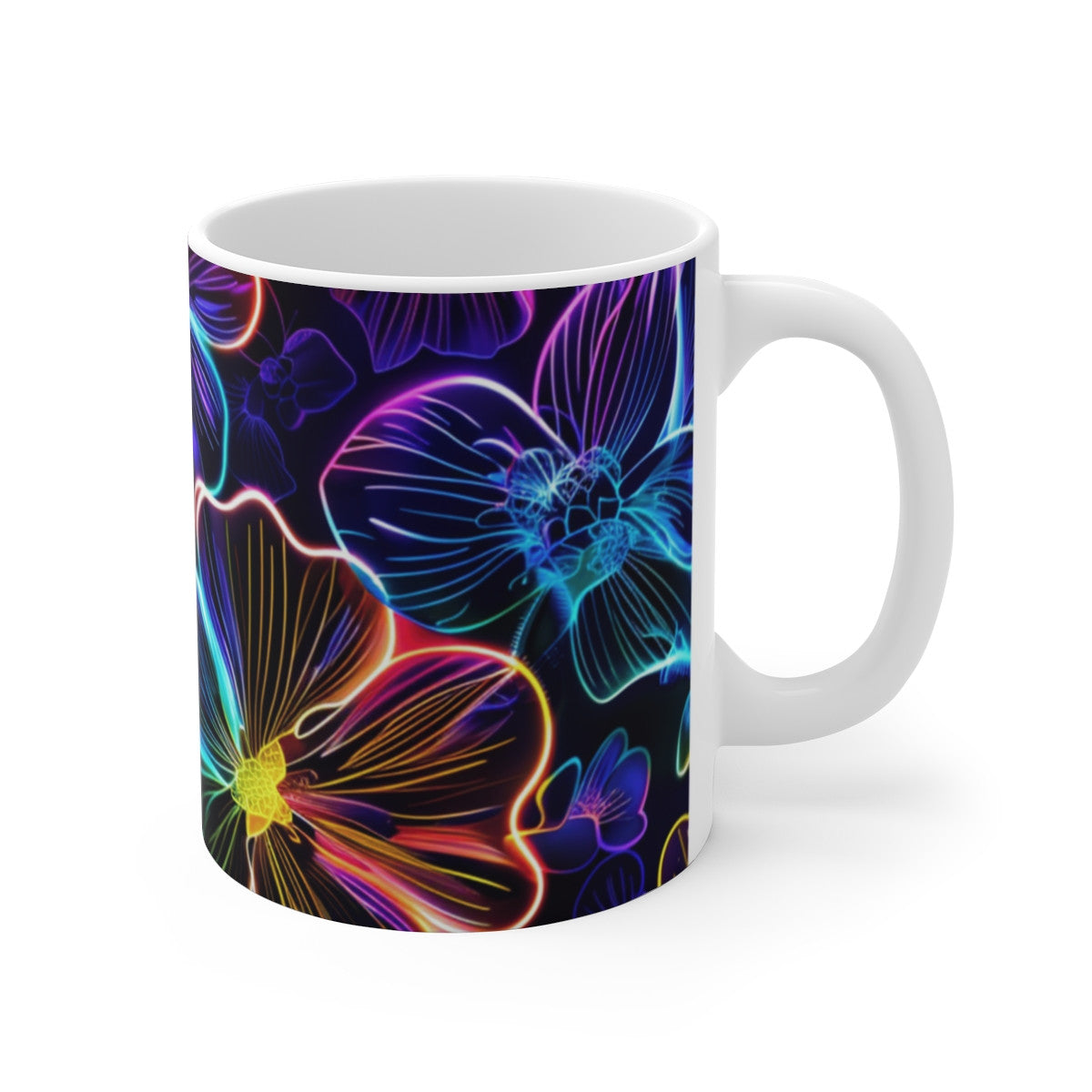 Tasse Design Fleurs Néon Motif Floral Élégant sur Fond Noir Cadeau Femme Original et Tendance