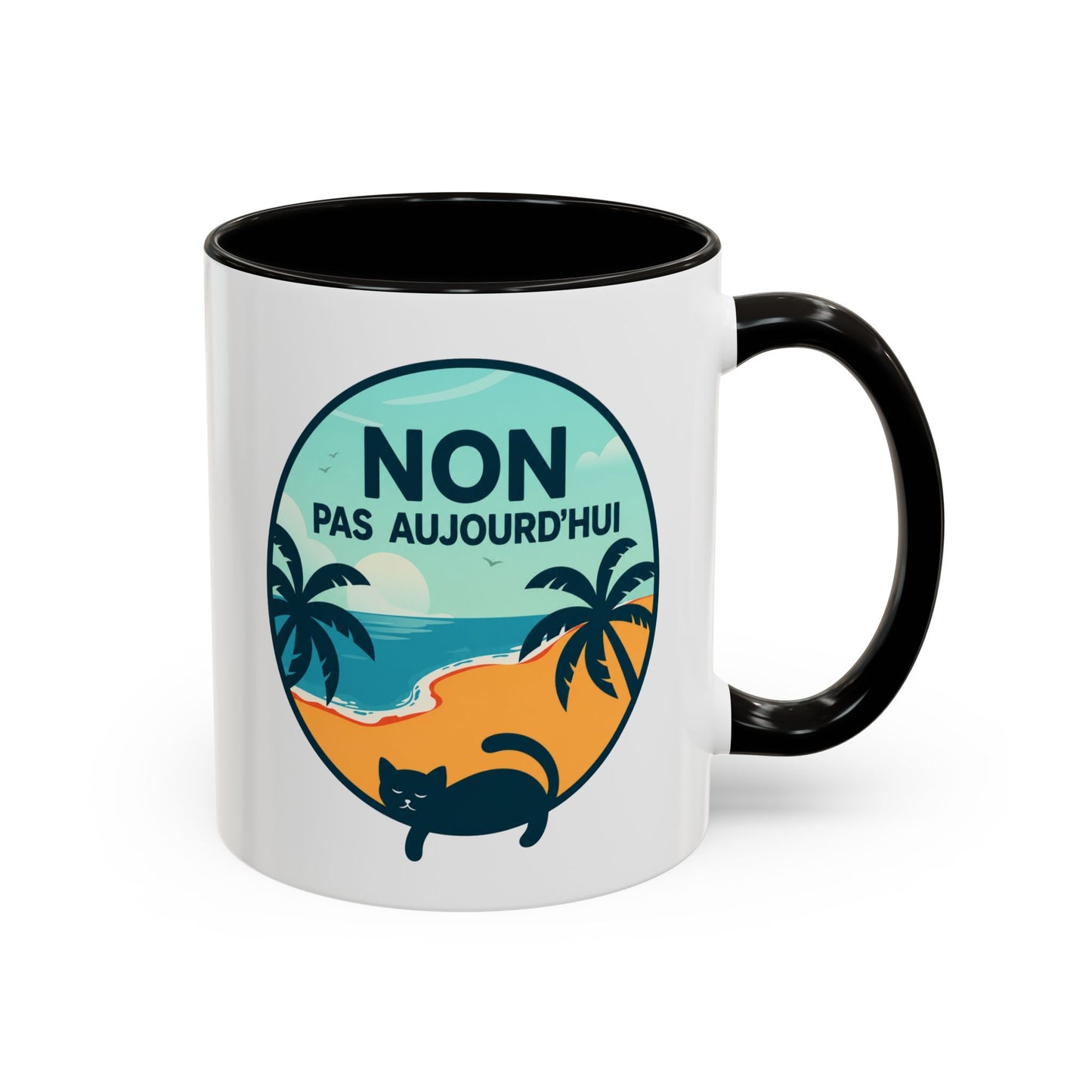 Tasse Chat Homme et Femme – Non Pas Aujourd'hui – Mug Humour Chat Relax Plage Vacances – Cadeau Original pour Amoureux des Chats – 325 ml