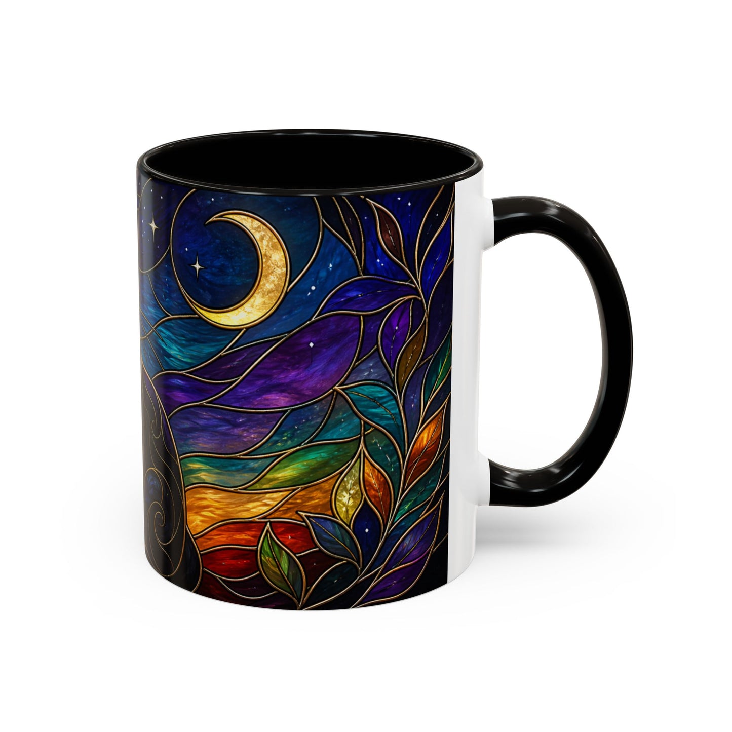 Tasse Chat Noir Style Vitrail – Mug Artistique Multicolore avec Lune et Chat Mystique – Céramique 325ml