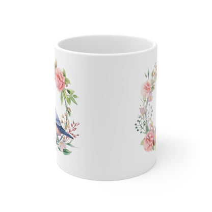 Mug Oiseau Aquarelle Fleurie Tasse Nature Poétique avec Fleurs Roses Cadeau Charmant pour Femme Amatrice de Douceur