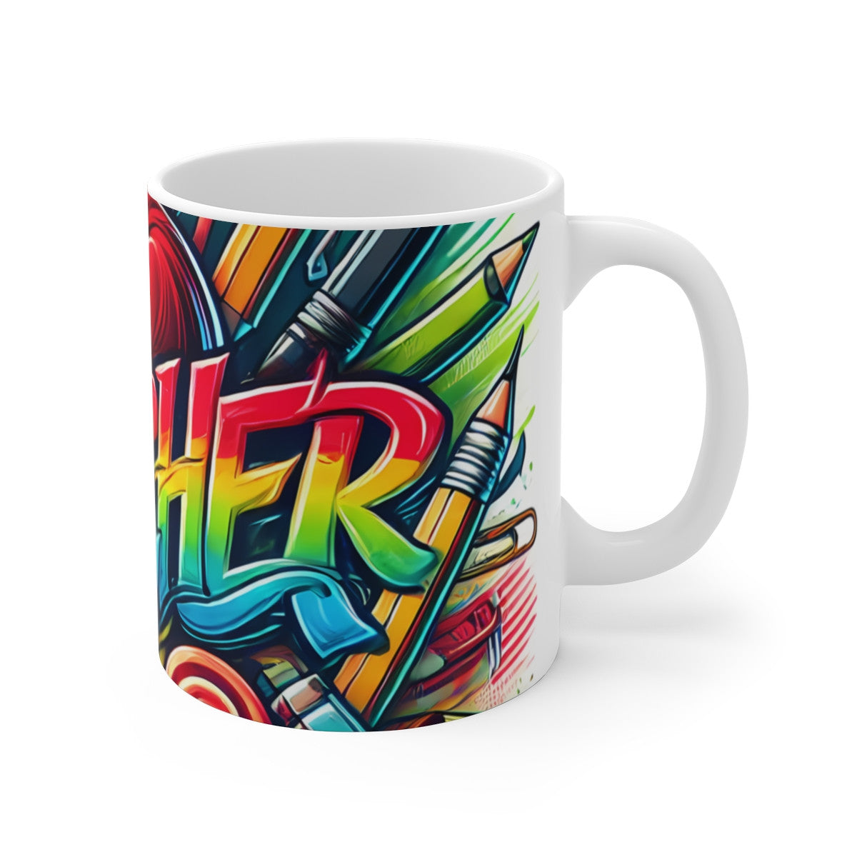 Mug Professeur Coloré  Tasse Arc-en-Ciel Teacher avec Crayons et Pomme Cadeau Original pour Maîtresse ou Maître