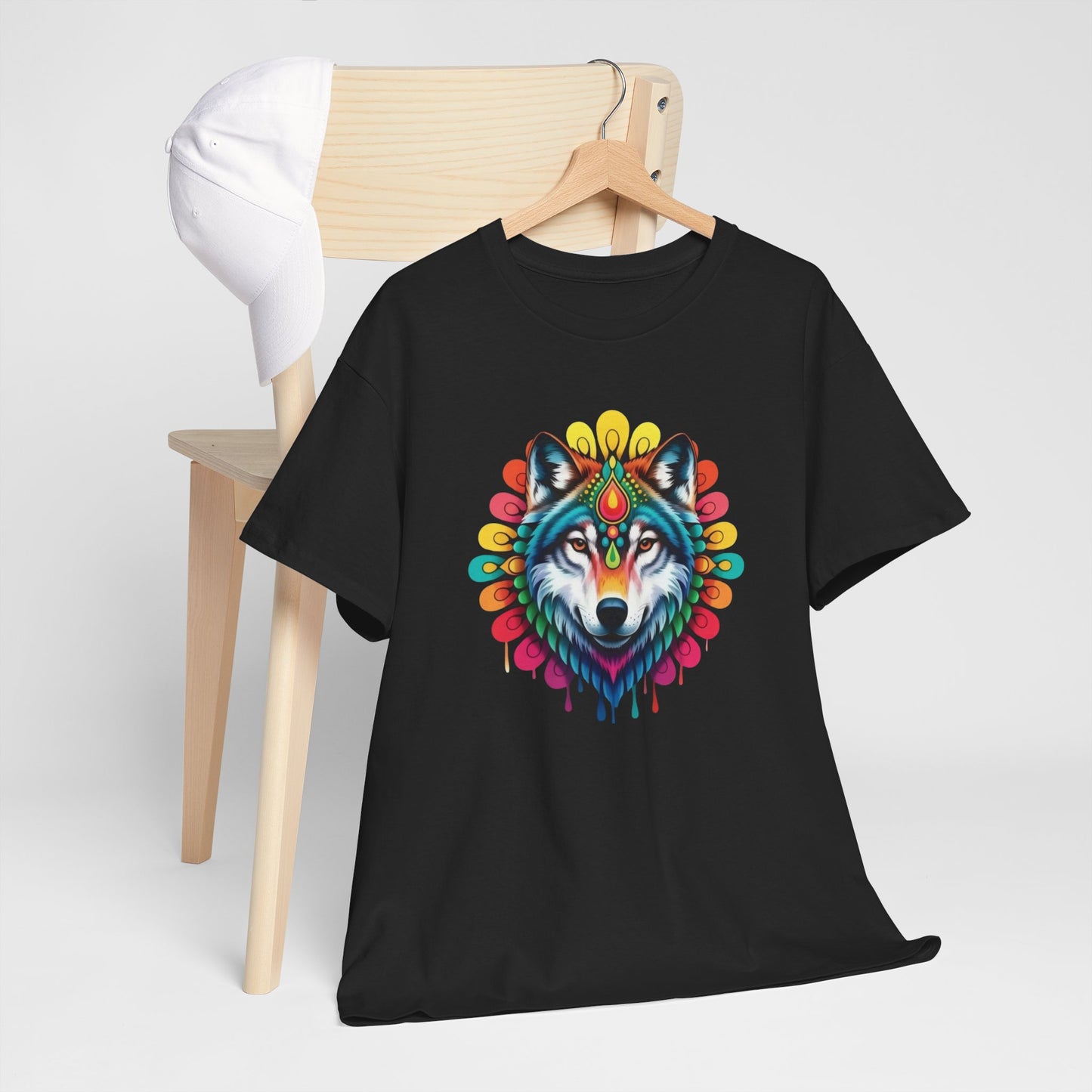 T-Shirt Loup Coloré Mandala – Tee Shirt Wolf Spirituel Tribal – Cadeau Original Animal Mystique Noir Blanc Gris