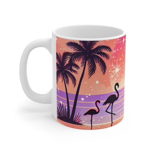 Mug Flamants Roses Tropical Sunset  Illustration Rétro Bord de Mer  Tasse Vacances, Été & Palmiers Idée Cadeau Colorée