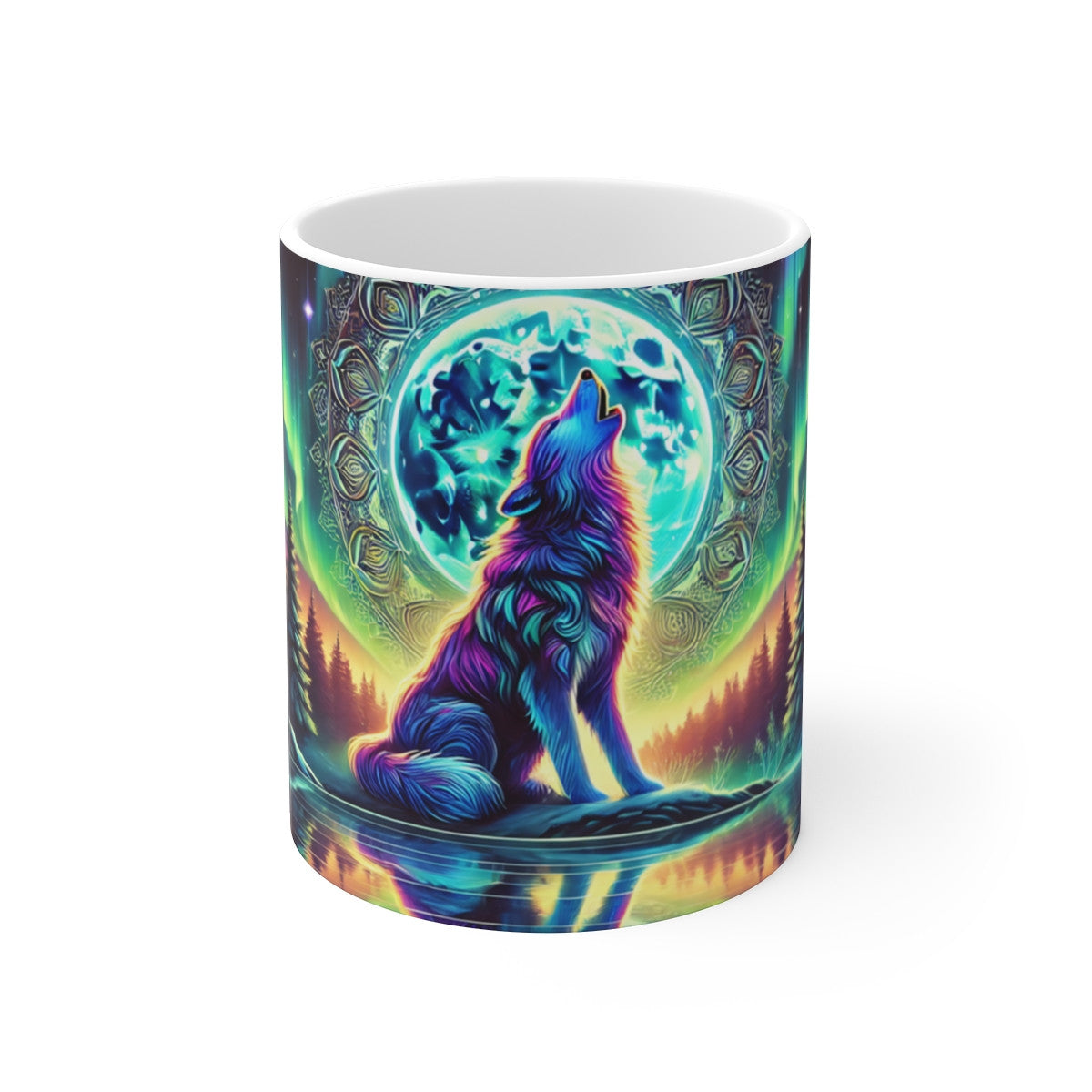 Mug Loup Hurlant Aurores Boréales Illustration Spirituelle Forêt & Lune Pleine  Coloré Cadeau Nature & Loup