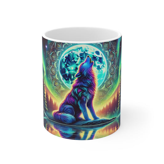 Mug Loup Hurlant Aurores Boréales Illustration Spirituelle Forêt & Lune Pleine  Coloré Cadeau Nature & Loup