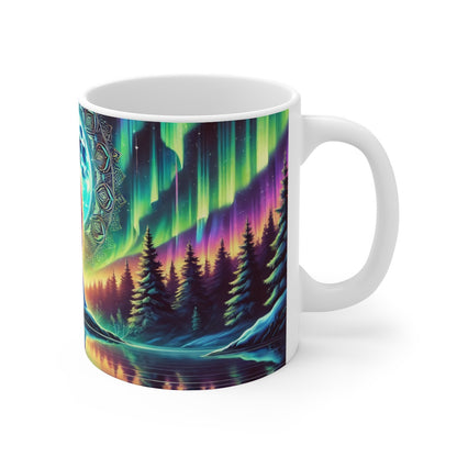 Mug Loup Hurlant Aurores Boréales Illustration Spirituelle Forêt & Lune Pleine  Coloré Cadeau Nature & Loup