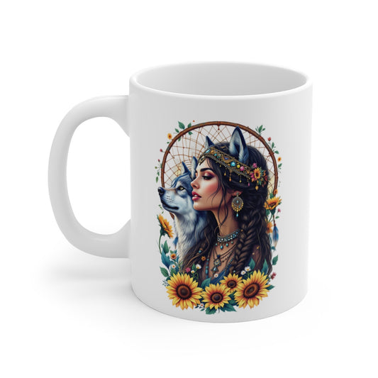 Mug Femme Loup Spirituelle Design Bohème avec Attrape-Rêves, Fleurs et Bijoux Tasse Mystique Tribal Chic Cadeau