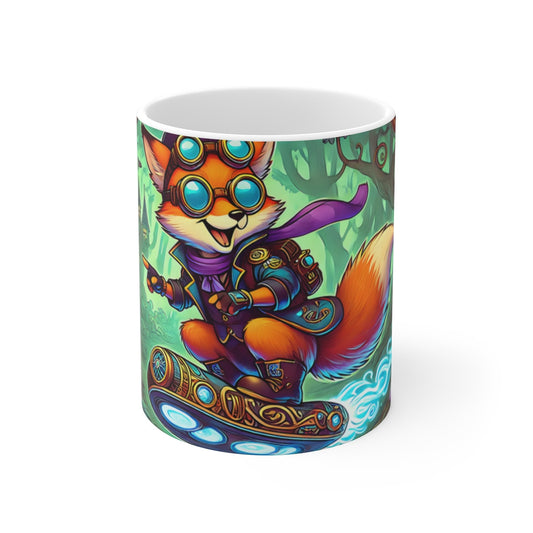 Mug Renard Steampunk Fantastique Tasse Rigolote Univers Magique Hoverboard, Forêt Enchantée & Champignons