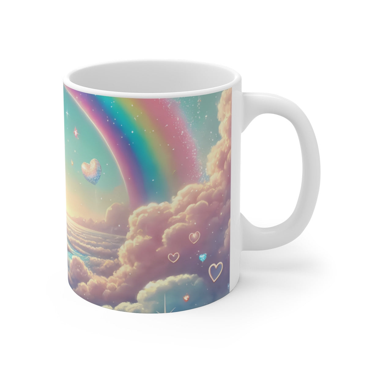 Mug Chat Arc-en-Ciel Féérique  Tasse Fantaisie avec Ciel de Rêve & Fleurs Roses Cadeau Mignon et Poétique pour Femme
