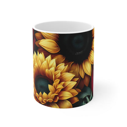 Mug Fleurs Tournesol et Rose Illustration Florale Rouge & Jaune Cadeau Élégant pour Femme, Amour & Nature