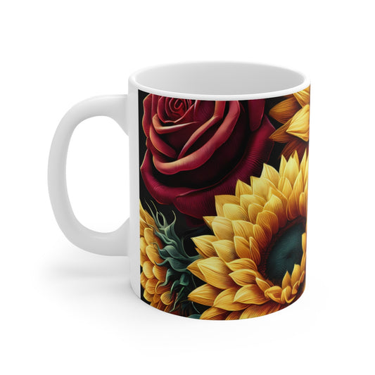 Mug Fleurs Tournesol et Rose Illustration Florale Rouge & Jaune Cadeau Élégant pour Femme, Amour & Nature