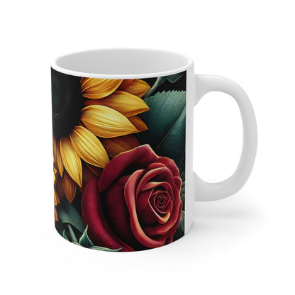 Mug Fleurs Tournesol et Rose Illustration Florale Rouge & Jaune Cadeau Élégant pour Femme, Amour & Nature